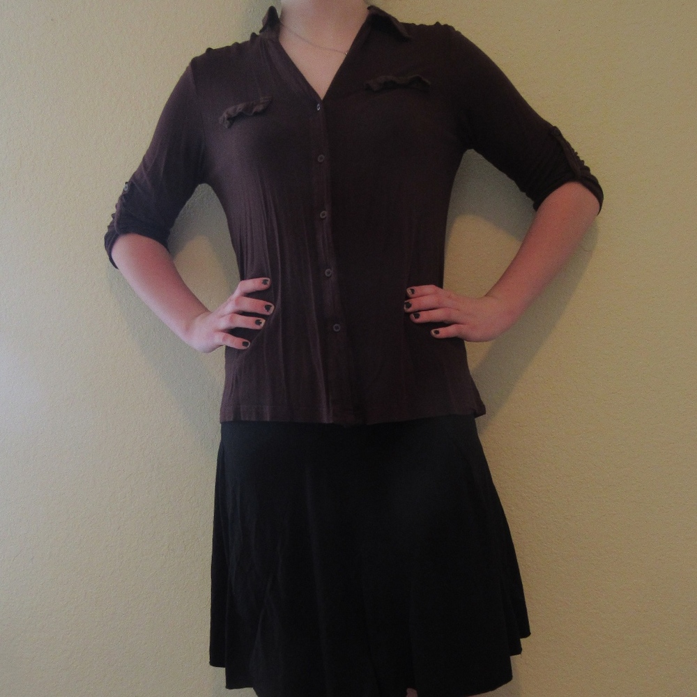 Brown Button Down 3/4 Sleeve Blouse Shirt